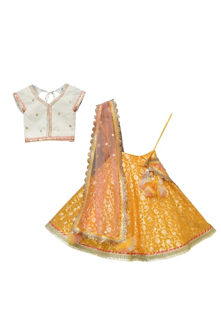 Fayon Kids_White Chanderi, Net Sequins, Embroidery, Tassels Lehenga Set _Online_at_Aza_Fashions