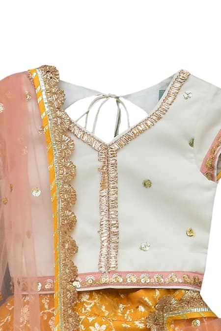 Buy_Fayon Kids_White Chanderi, Net Sequins, Embroidery, Tassels Lehenga Set _Online_at_Aza_Fashions