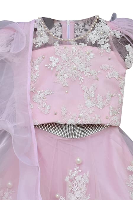 Fayon Kids_Pink Cotton, Organza Embroidery, Pearls Embellished Lehenga Set _Online_at_Aza_Fashions