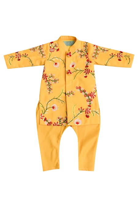 Fayon Kids Yellow Cotton, Silk Embroidery Kurta Set