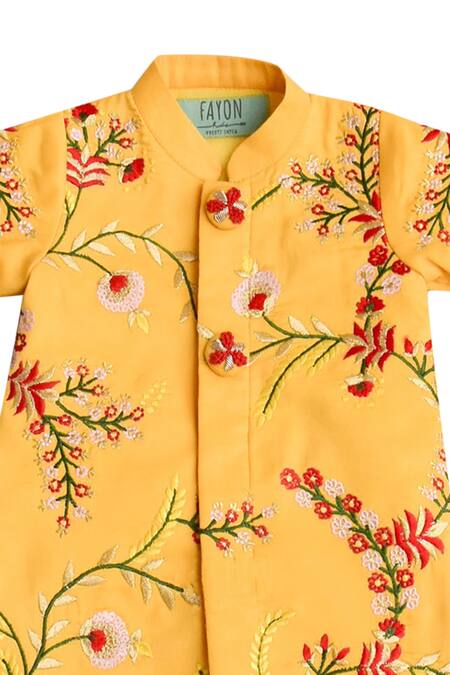 Shop Fayon Kids Yellow Cotton, Silk Embroidery Kurta Set at Aza Fashions Shop_Fayon Kids_Yellow Cotton, Silk Embroidery Kurta Set _at_Aza_Fashions