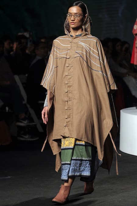 Chambray & CO. Multi Color Twill, Denim Band Collar Embroidered Jacket Skirt Set 