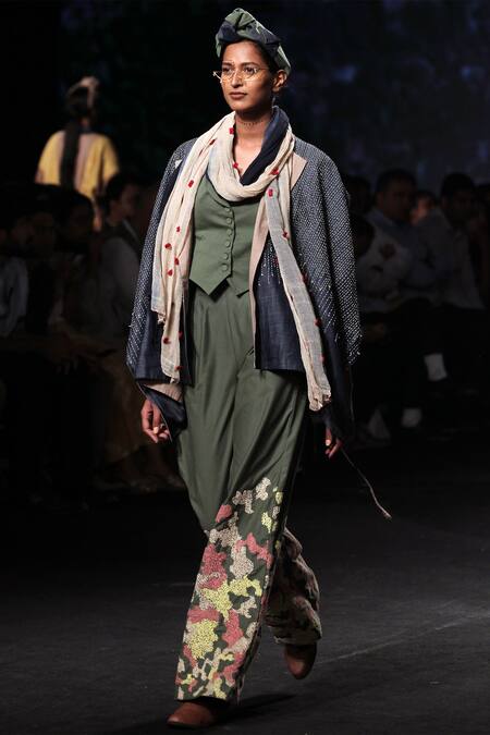 Chambray & CO._Green Poplin, Denim, Gauze Cotton Waistcoat Shawl Collar Embroidered Pant Set _Online_at_Aza_Fashions