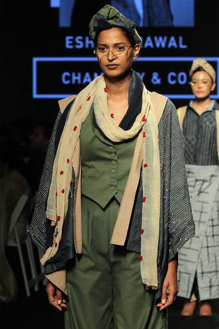 Buy Chambray & CO. Green Poplin, Denim, Gauze Cotton Waistcoat Shawl Collar Embroidered Pant Set Online at Aza Fashions Buy_Chambray & CO._Green Poplin, Denim, Gauze Cotton Waistcoat Shawl Collar Embroidered Pant Set _Online_at_Aza_Fashions