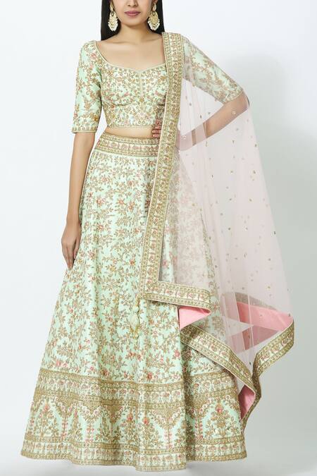 Samyukta Singhania_Green Raw Silk Embroidered Lehenga Set_Online_at_Aza_Fashions