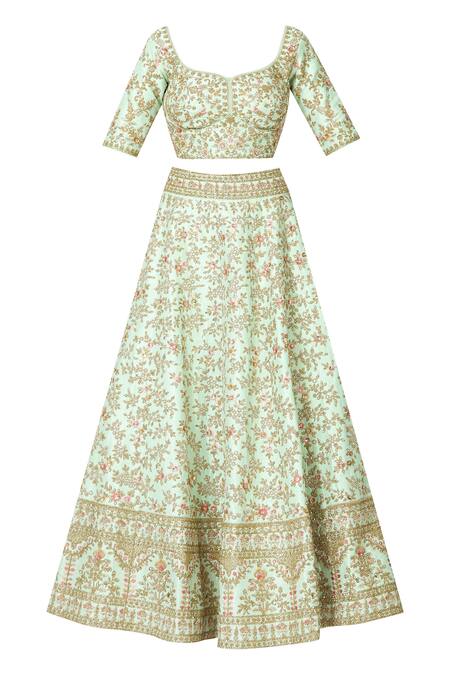 Buy_Samyukta Singhania_Green Raw Silk Embroidered Lehenga Set_Online_at_Aza_Fashions