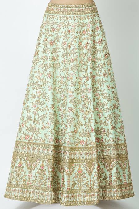 Shop_Samyukta Singhania_Green Raw Silk Embroidered Lehenga Set_Online_at_Aza_Fashions