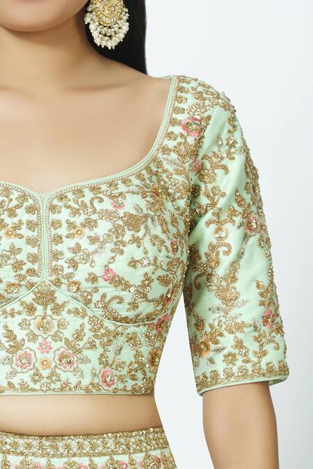 Samyukta Singhania_Green Raw Silk Embroidered Lehenga Set_at_Aza_Fashions