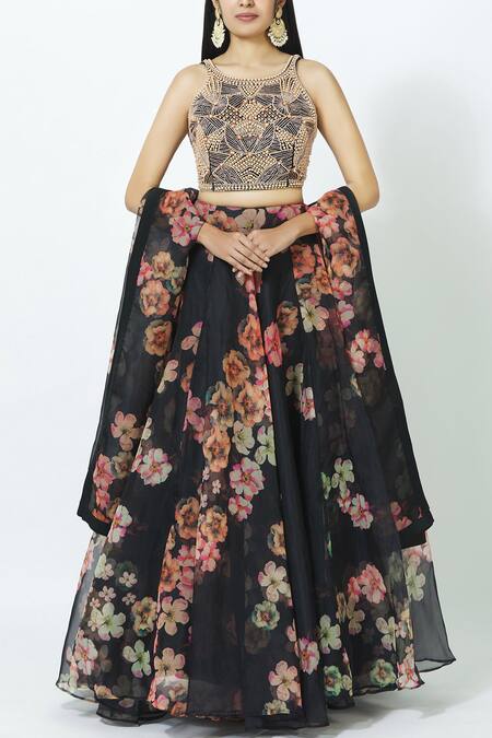 Samyukta Singhania Black Printed Organza Lehenga Set