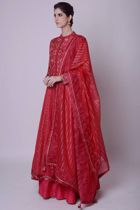 5x By Ajit Kumar_Red Kurta Chanderi Anarkali Set_Online_at_Aza_Fashions