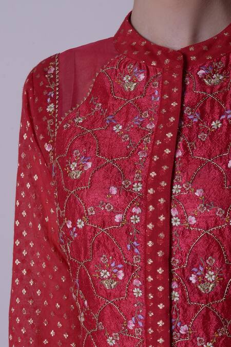 Shop_5x By Ajit Kumar_Red Kurta Chanderi Anarkali Set_Online_at_Aza_Fashions