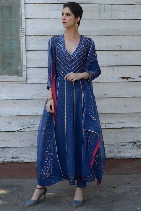 Buy_5x By Ajit Kumar_Blue Kurta Silk Organza Anarkali Set_Online_at_Aza_Fashions