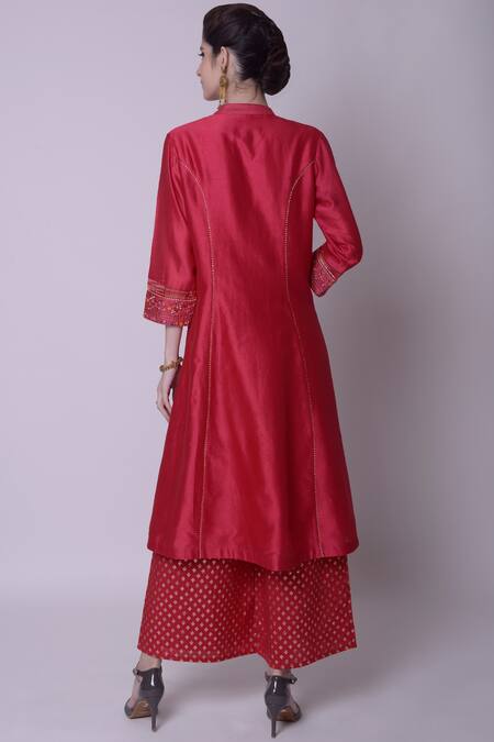 Shop_5x By Ajit Kumar_Red Silk Chanderi Kurta Set_at_Aza_Fashions