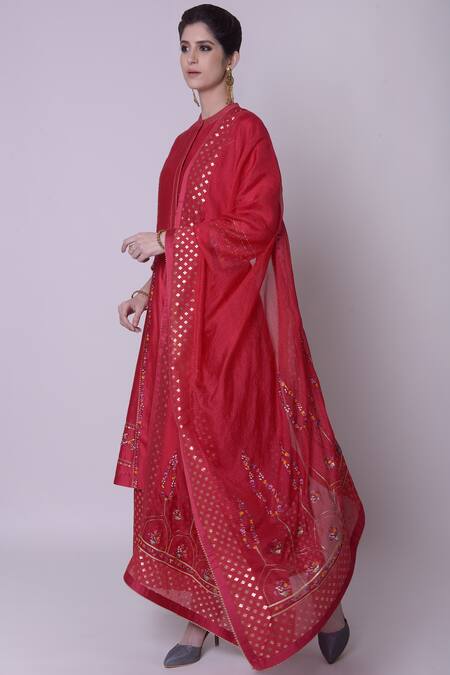 5x By Ajit Kumar_Red Silk Chanderi Kurta Set_Online_at_Aza_Fashions