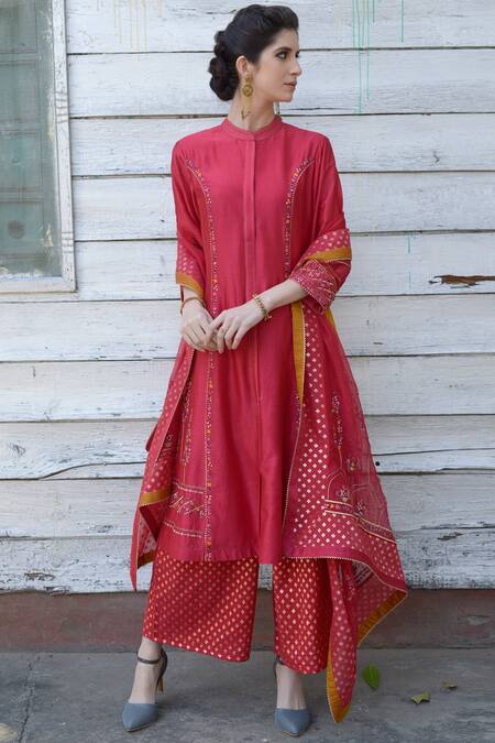 Buy_5x By Ajit Kumar_Red Silk Chanderi Kurta Set_Online_at_Aza_Fashions