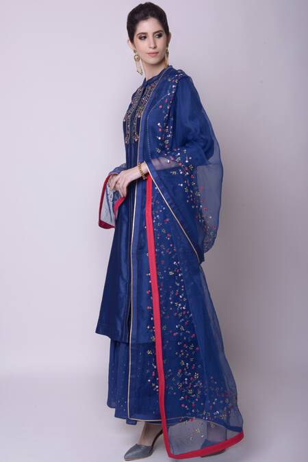 5x By Ajit Kumar_Blue Chanderi Silk Kurta Palazzo Set_Online_at_Aza_Fashions