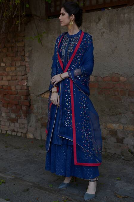 Buy_5x By Ajit Kumar_Blue Chanderi Silk Kurta Palazzo Set_Online_at_Aza_Fashions
