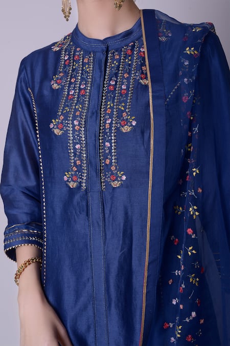 Shop_5x By Ajit Kumar_Blue Chanderi Silk Kurta Palazzo Set_Online_at_Aza_Fashions