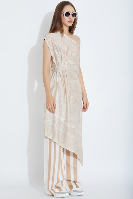Aartivijay Gupta_Beige Silk One Shoulder Dress _Online_at_Aza_Fashions