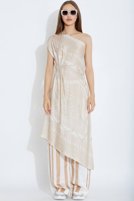 Buy_Aartivijay Gupta_Beige Silk One Shoulder Dress _Online_at_Aza_Fashions