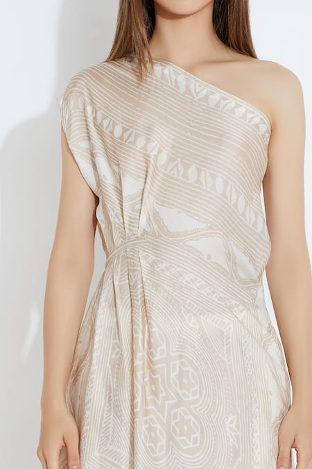 Shop_Aartivijay Gupta_Beige Silk One Shoulder Dress _Online_at_Aza_Fashions