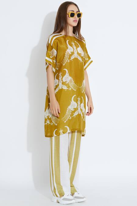 Shop_Aartivijay Gupta_Green Silk Printed Tunic_Online_at_Aza_Fashions