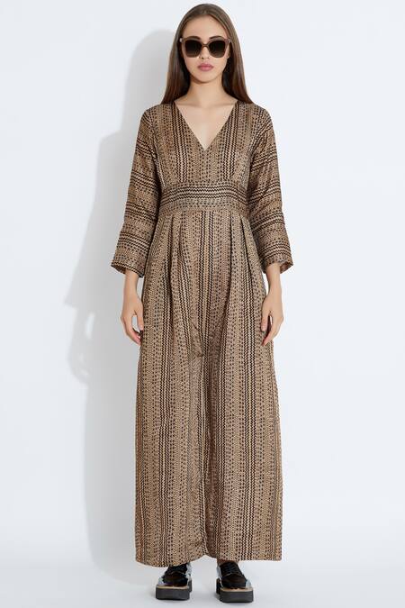 Aartivijay Gupta_Brown Silk Printed Jumpsuit_Online_at_Aza_Fashions