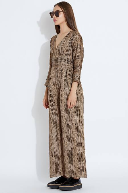 Buy_Aartivijay Gupta_Brown Silk Printed Jumpsuit_Online_at_Aza_Fashions