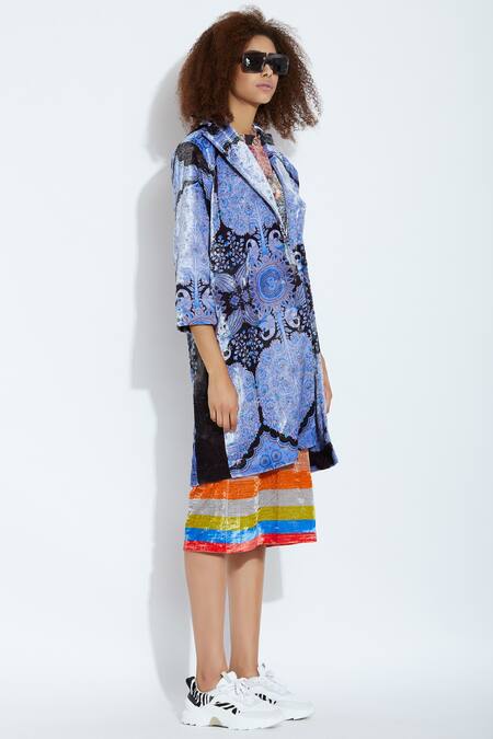 Aartivijay Gupta_Blue Velvet Printed Jacket_Online_at_Aza_Fashions