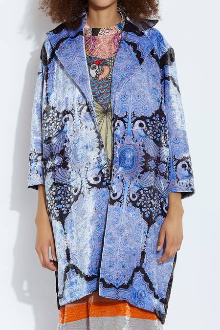 Shop_Aartivijay Gupta_Blue Velvet Printed Jacket_Online_at_Aza_Fashions