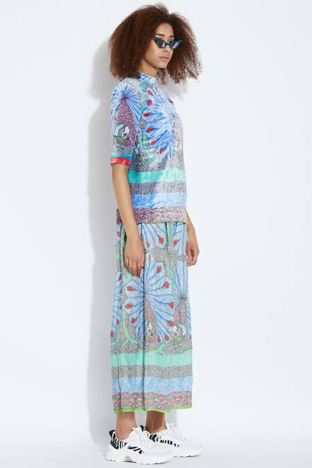 Aartivijay Gupta_Blue Velvet Printed Top_Online_at_Aza_Fashions