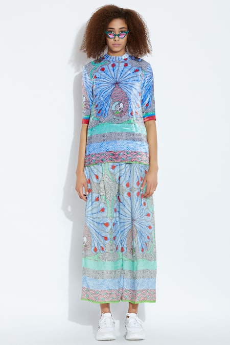 Buy_Aartivijay Gupta_Blue Velvet Printed Top_Online_at_Aza_Fashions