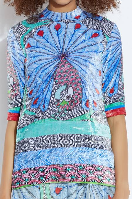 Shop_Aartivijay Gupta_Blue Velvet Printed Top_Online_at_Aza_Fashions