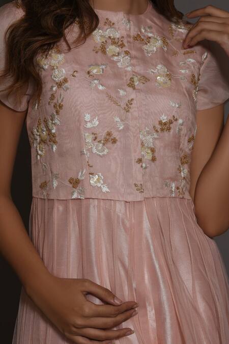 Shop_Vara By Vibha N Priti_Pink Net, Silk Georgette Round Embroidered Jacket With Jumpsuit _Online_at_Aza_Fashions