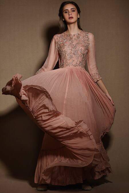 Vara By Vibha N Priti_Peach Georgette Round Embroidered Anarkali _Online_at_Aza_Fashions