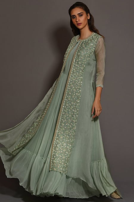 Vara By Vibha N Priti_Green Chiffon Round Pleated Anarkali With Jacket _Online_at_Aza_Fashions