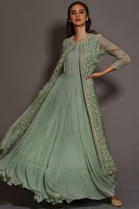 Buy_Vara By Vibha N Priti_Green Chiffon Round Pleated Anarkali With Jacket _Online_at_Aza_Fashions