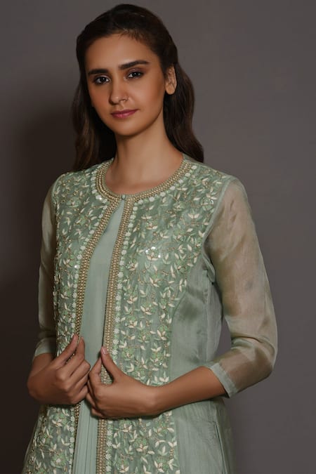 Shop_Vara By Vibha N Priti_Green Chiffon Round Pleated Anarkali With Jacket _Online_at_Aza_Fashions