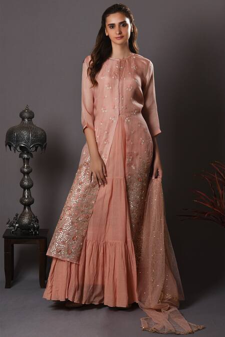 Vara By Vibha N Priti_Pink Cotton Round Embroidered Anarkali With Jacket _Online_at_Aza_Fashions