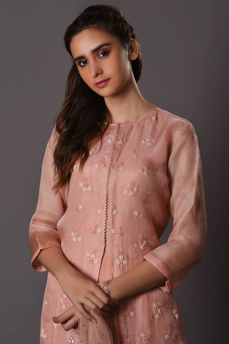 Buy_Vara By Vibha N Priti_Pink Cotton Round Embroidered Anarkali With Jacket _Online_at_Aza_Fashions