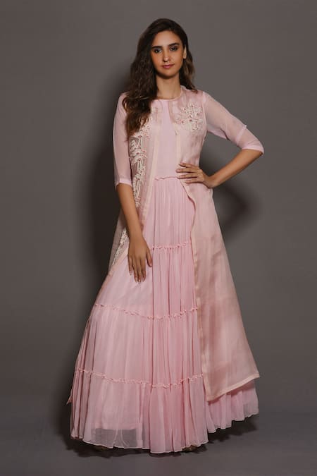 Vara By Vibha N Priti Pink Chiffon Round Tiered Anarkali With Jacket Online at Aza Fashions Vara By Vibha N Priti_Pink Chiffon Round Tiered Anarkali With Jacket _Online_at_Aza_Fashions