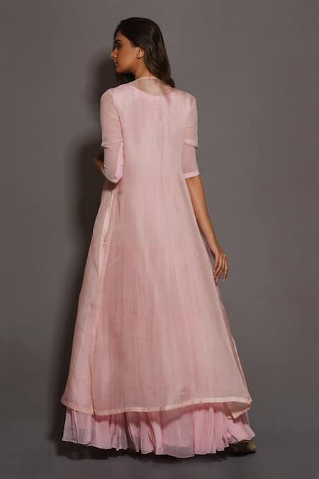 Shop Vara By Vibha N Priti Pink Chiffon Round Tiered Anarkali With Jacket at Aza Fashions Shop_Vara By Vibha N Priti_Pink Chiffon Round Tiered Anarkali With Jacket _at_Aza_Fashions