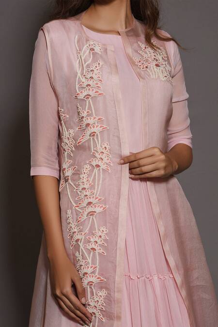 Buy_Vara By Vibha N Priti_Pink Chiffon Round Tiered Anarkali With Jacket _Online_at_Aza_Fashions