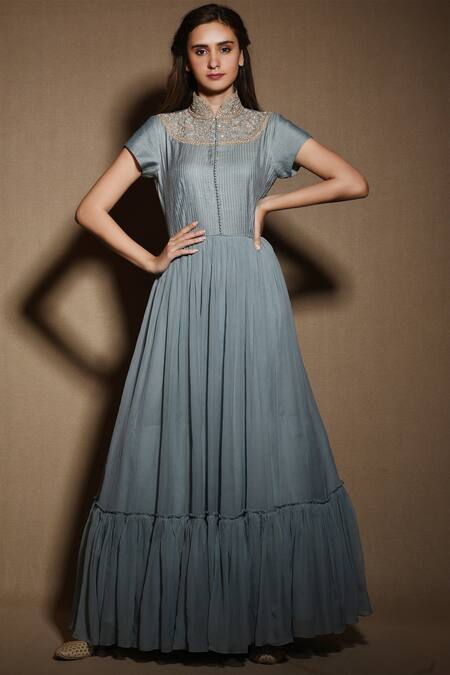 Vara By Vibha N Priti_Blue Muga Silk Mandarin Collar Embroidered Anarkali _Online_at_Aza_Fashions