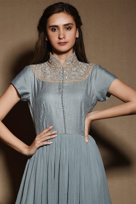 Buy_Vara By Vibha N Priti_Blue Muga Silk Mandarin Collar Embroidered Anarkali _Online_at_Aza_Fashions