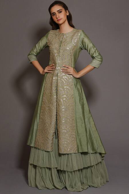 Vara By Vibha N Priti_Green Net, Muga Silk Round Kurta Lehenga Set _Online_at_Aza_Fashions