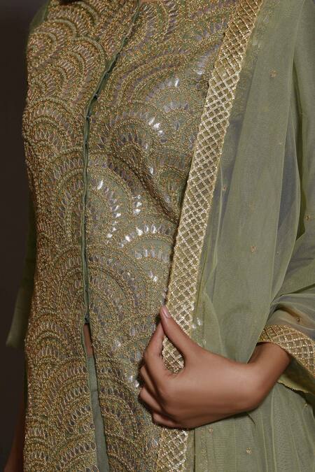 Buy_Vara By Vibha N Priti_Green Net, Muga Silk Round Kurta Lehenga Set _Online_at_Aza_Fashions