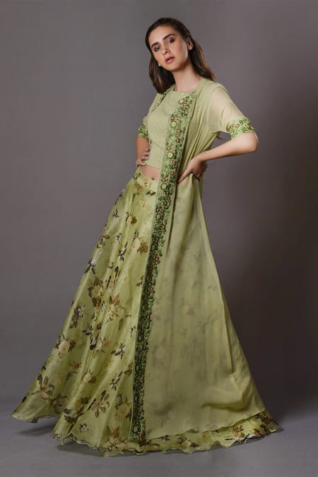 Vara by Vibha n Priti Green Chiffon Embroidered Jacket Lehenga Set