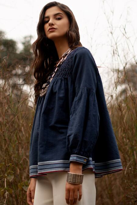 Payal Pratap_Blue Cotton Boat Handloom Smocked Top_Online_at_Aza_Fashions