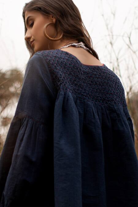 Buy_Payal Pratap_Blue Cotton Boat Handloom Smocked Top_Online_at_Aza_Fashions